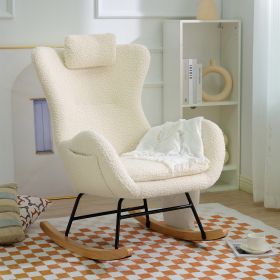 Rocking Chair Nursery, Teddy Upholstered Rocker Glider Chair with High Backrest, Adjustable Headrest & Pocket, Comfy Glider Chair for Nursery, Bedroom