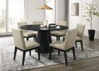 Jasper Ebony Black 7 Piece 59"W Round Dining Table Set with Beige Fabric Chairs