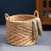 Round Water Hyacinth Seagrass Woven Basket with Handles - 15" x 15" x 15" - Natural Brown - For Clothes, Towels, Canvas, Toys and Magazine Storage and