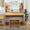 Vanity Desk Set Stool & Dressing Table with LED Lighting Mirror Drawer and Compartments Modern Wood Cosmetic Table Chest of Drawers Nature Color