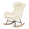 Rocking Chair Nursery, Teddy Upholstered Rocker Glider Chair with High Backrest, Adjustable Headrest & Pocket, Comfy Glider Chair for Nursery, Bedroom