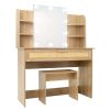 Vanity Desk Set Stool & Dressing Table with LED Lighting Mirror Drawer and Compartments Modern Wood Cosmetic Table Chest of Drawers Nature Color