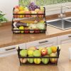 3 Tier Fruit Basket Bowl Farmhouse with Side hooks for Kitchen Countertop, Detachable Metal Bread Fruit Vegetable Storage Basket Stand Holder with Woo