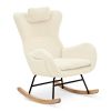 Rocking Chair Nursery, Teddy Upholstered Rocker Glider Chair with High Backrest, Adjustable Headrest & Pocket, Comfy Glider Chair for Nursery, Bedroom