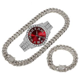 Hip Hop  Cuban Link Chain Set Necklace +Watch+Bracelet  Miami Chain  Sets Iced Out Jewelry Sets For Women Men  Jewelry (style: Silver Red)