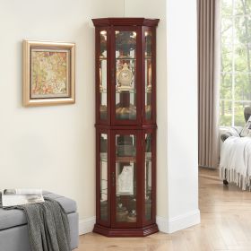 Corner Curio Cabinet with Lights, Adjustable Tempered Glass Shelves, Mirrored Back, Display Cabinet(E26 light bulb not included) (Color: Cherry)